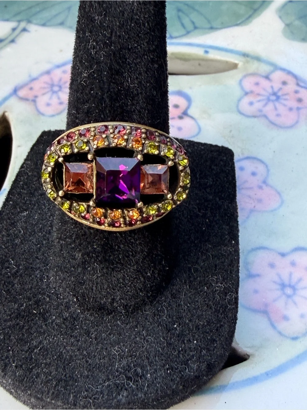 Heidi Daus Amethyst, Amber, and Lime Crystal Statement Cocktail Ring. *Size 7